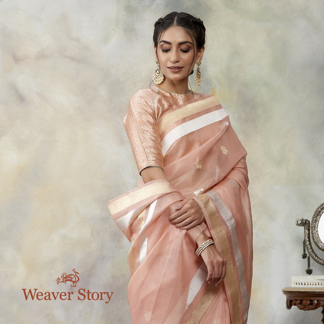 Handwoven_Soft_Peach_Floral_Boota_Kora_Silk_Banarasi_Saree_WeaverStory_01