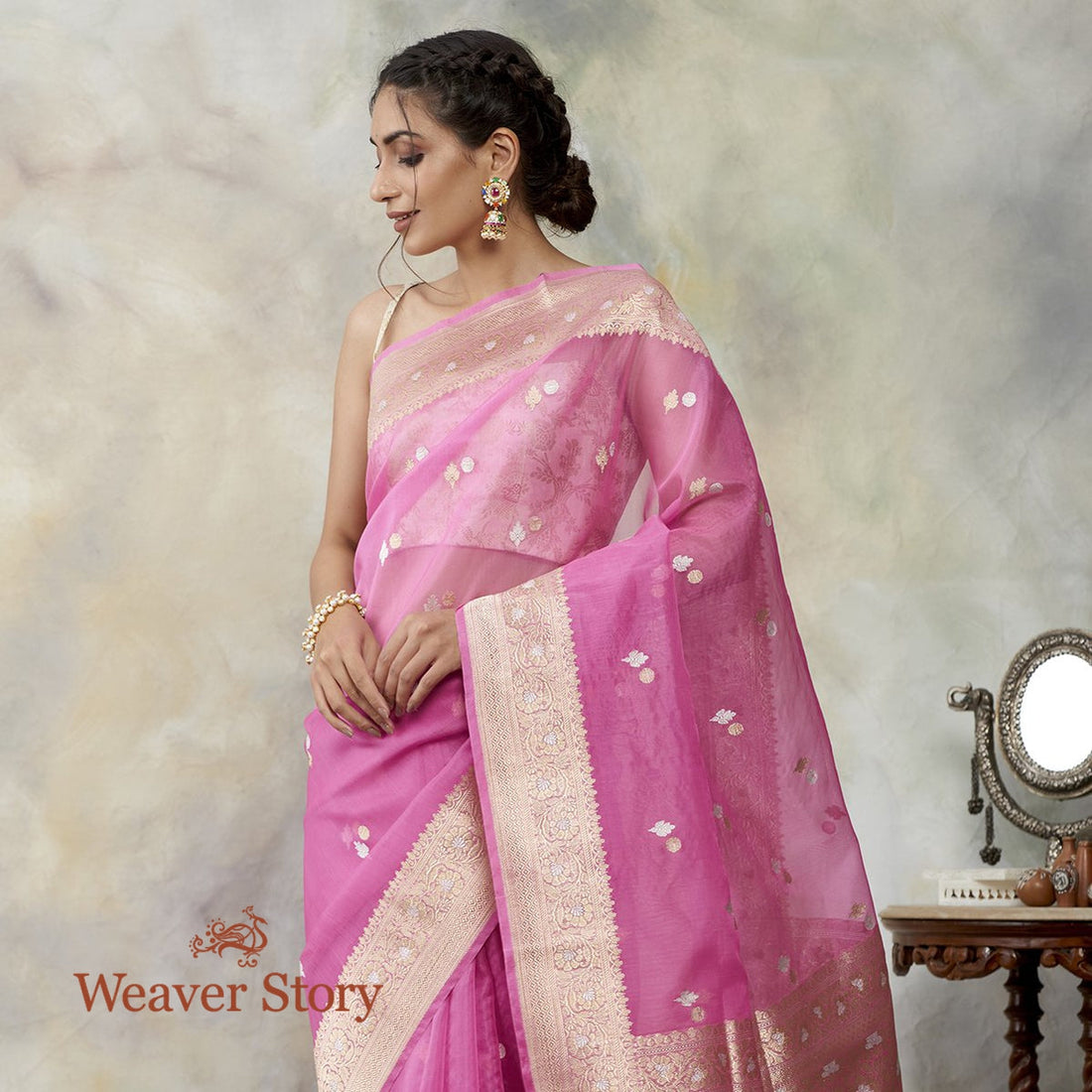 Handwoven_Taffy_Pink_Kora_Silk_Saree_With_Kadhwa_Booti_WeaverStory_01