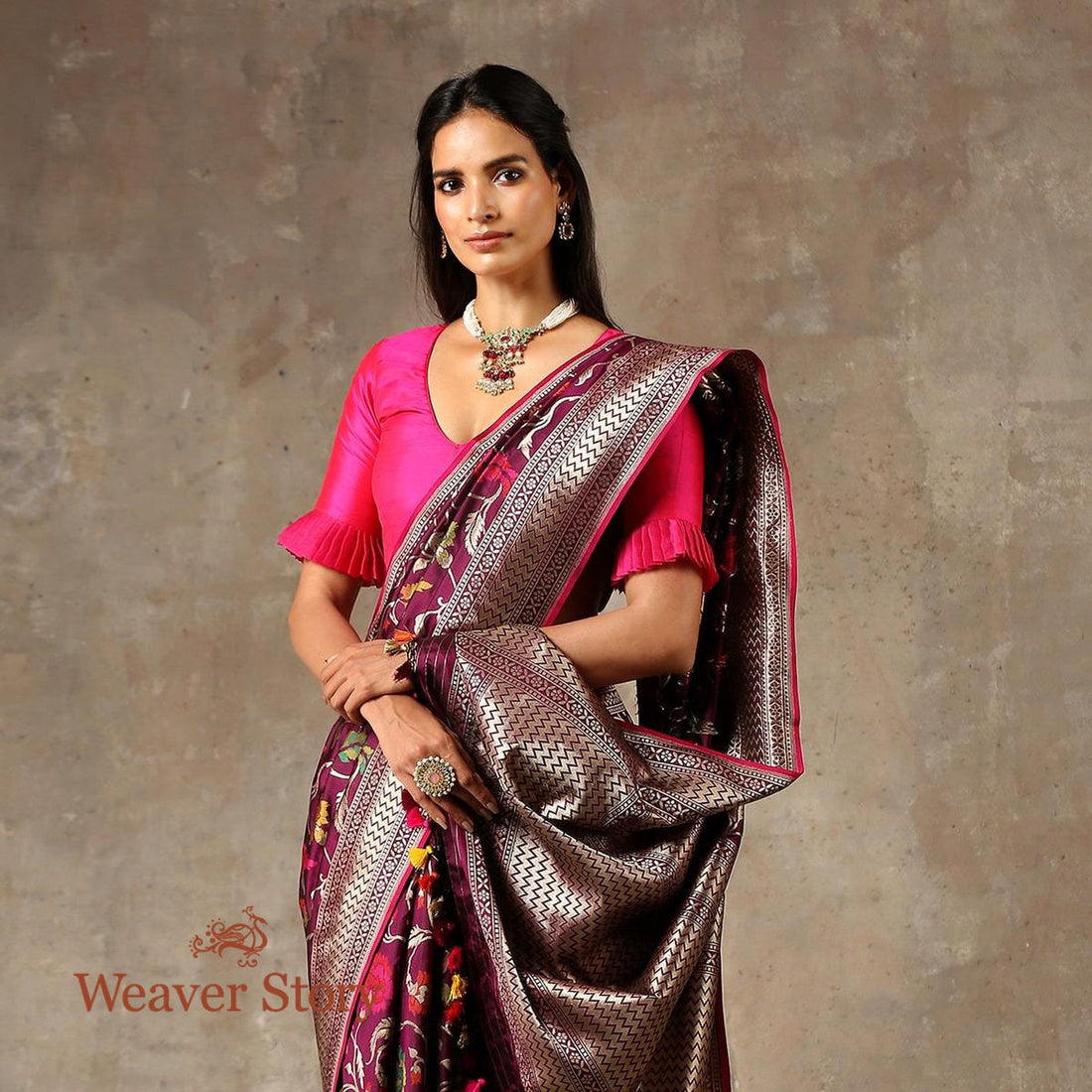 Handwoven_Wine_Meenakari_Banarasi_Saree_with_Floral_Jaal_WeaverStory_01