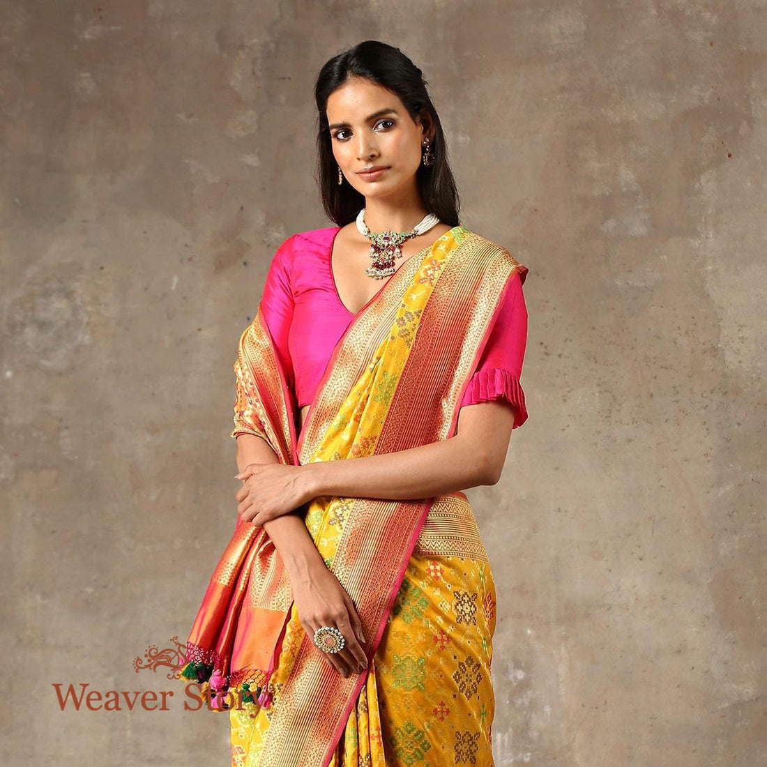 Handwoven_Yellow_Banarasi_Patola_Saree_with_Meenakari_WeaverStory_01