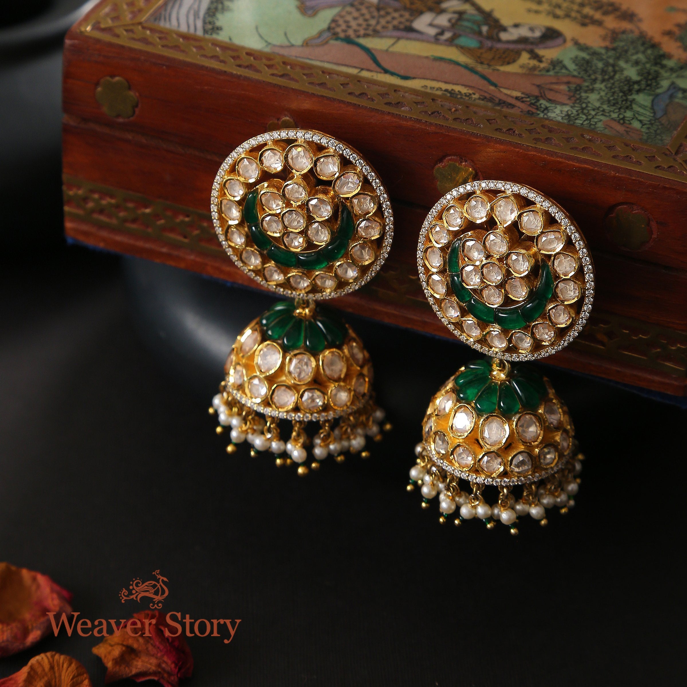 PhoolBegum_Jhumki_with_Moissanite_Polki_Hand_Crafted_in_Pure_Silver_WeaverStory_01