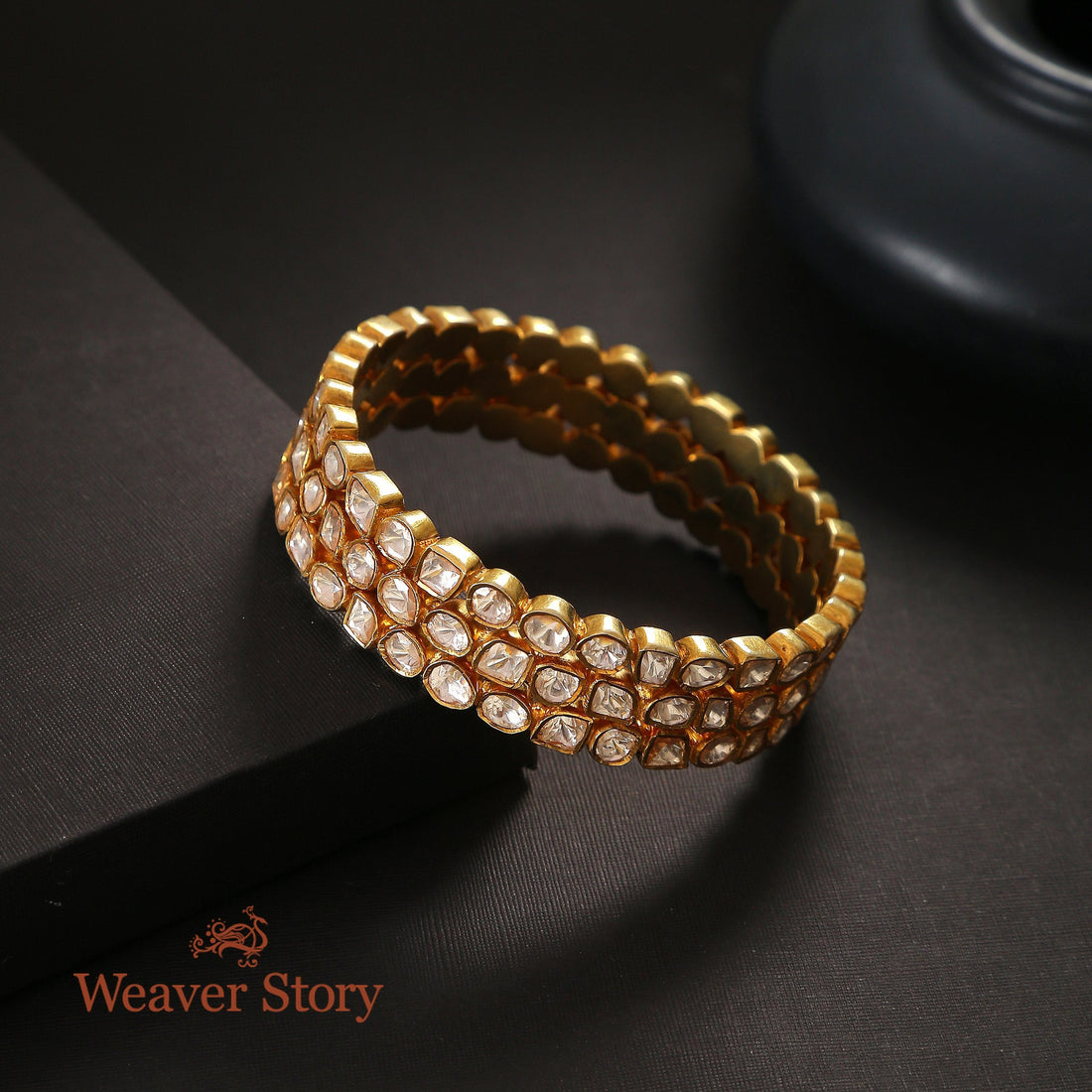 Teenkali_Bangle_with_Moissanite_Polki_Crafted_in_Pure_Silver_WeaverStory_01