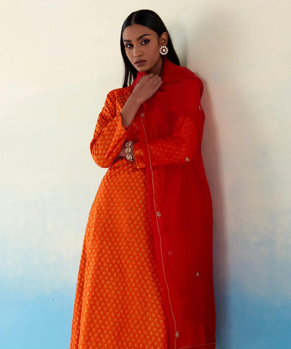 Najgul Orange &amp; Red Pure Banarasi Tanchoi Silk Kurta and Churidar with Organza Dupatta
