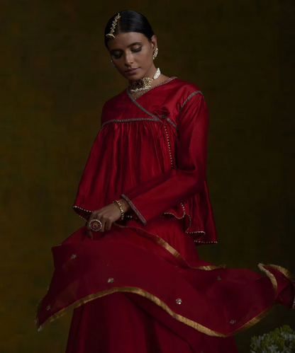 Red Handwoven Pure Silk Lehenga with Zardozi Embroidery and Gathered Angrakha Top with Organza Dupatta