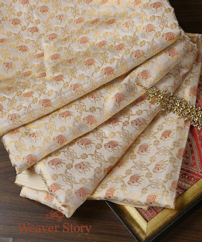 Handloom Offwhite Banarasi Silk Fabric with Small Elephant Motifs