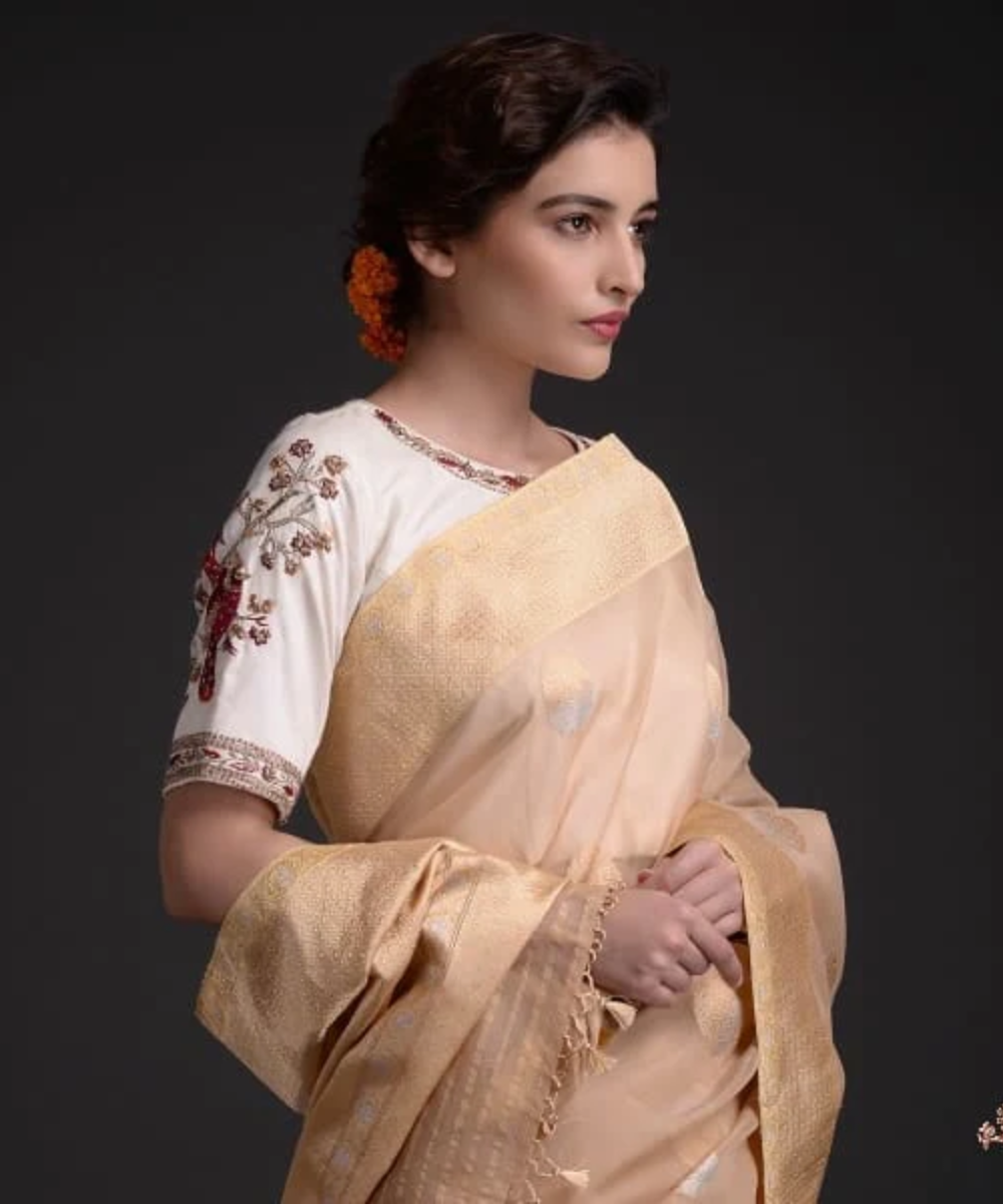 Golden beige Banarasi handloom Kora Silk Saree with Kadhwa Motifs