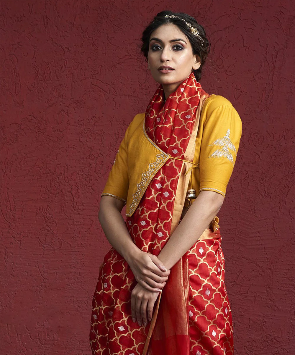 Handloom Red Chanderi Silk Saree with Gold and Silver Zari Jaal