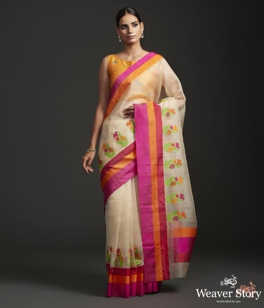 Cream_kora_by_kora_saree_with_heavy_multicolor_border_and_floral_motifs_WeaverStory_02