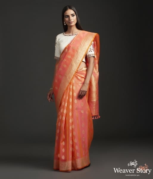 Handwoven_Banarasi_Kora_silk_saree_in_dual_tone_Orange_and_Peach_WeaverStory_02