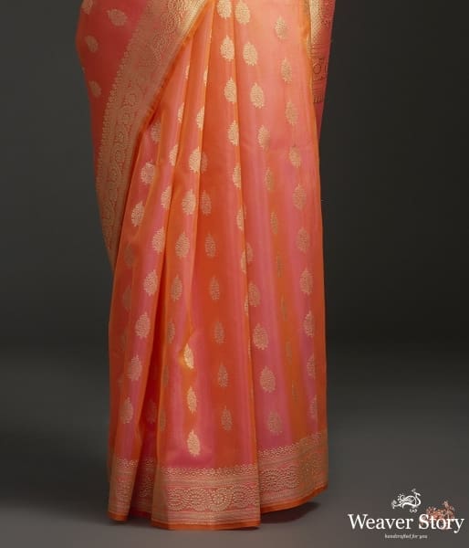 Handwoven_Banarasi_Kora_silk_saree_in_dual_tone_Orange_and_Peach_WeaverStory_04