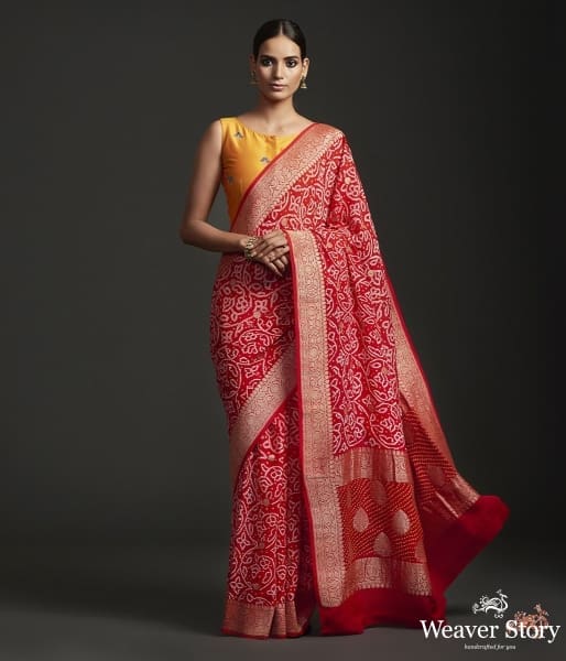 Handwoven_Banarasi_Bandhej_saree_in_red_WeaverStory_02