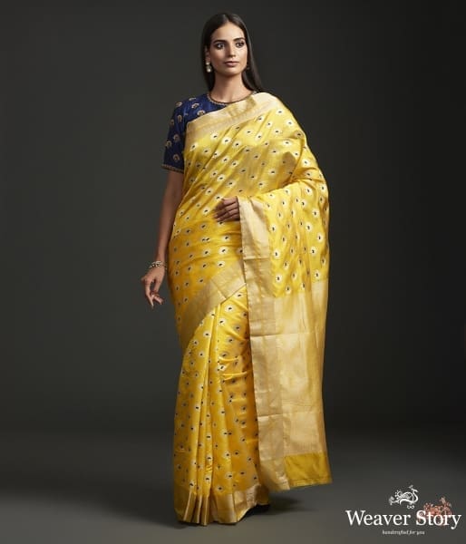 Yellow_pure_silk_chanderi_saree_with_delicate_floral_motifs_with_meenakari_WeaverStory_02