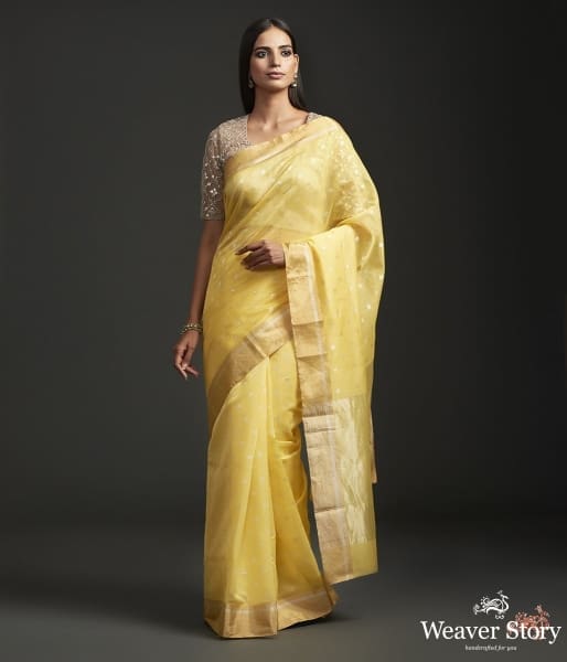 Yellow_handwoven_Chanderi_saree_with_a_gold_zari_boota_WeaverStory_02