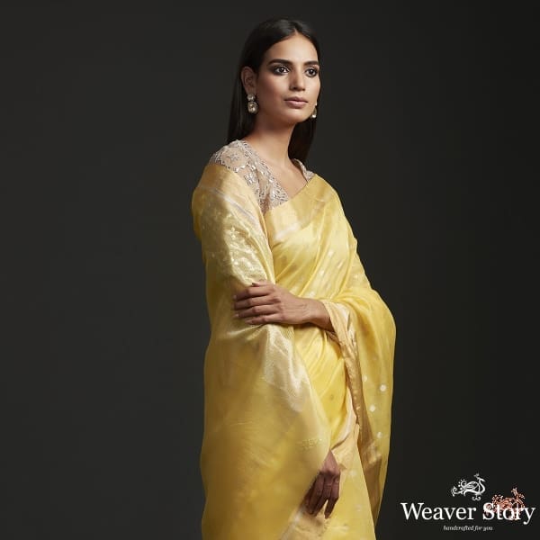 Yellow_handwoven_Chanderi_saree_with_a_gold_zari_boota_WeaverStory_01