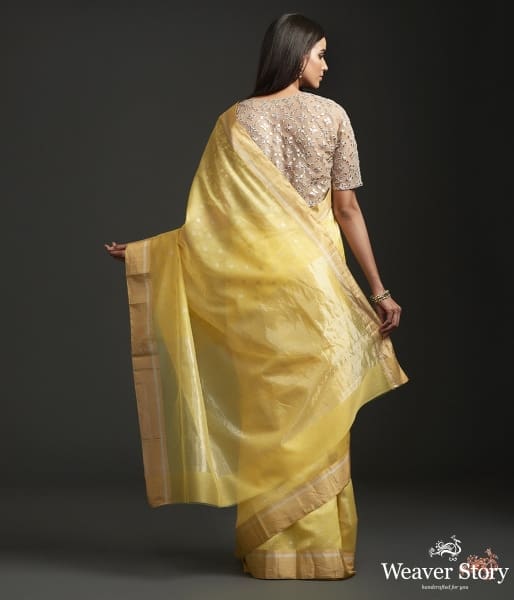 Yellow_handwoven_Chanderi_saree_with_a_gold_zari_boota_WeaverStory_04