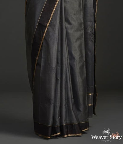 Handwoven_Grey_black_chanderi_cotton_silk_saree_with_nandi_motif_WeaverStory_04