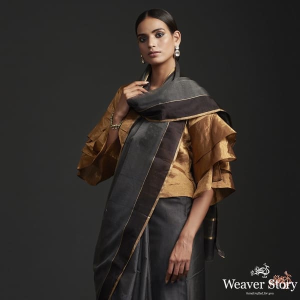 Handwoven_Grey_black_chanderi_cotton_silk_saree_with_nandi_motif_WeaverStory_01