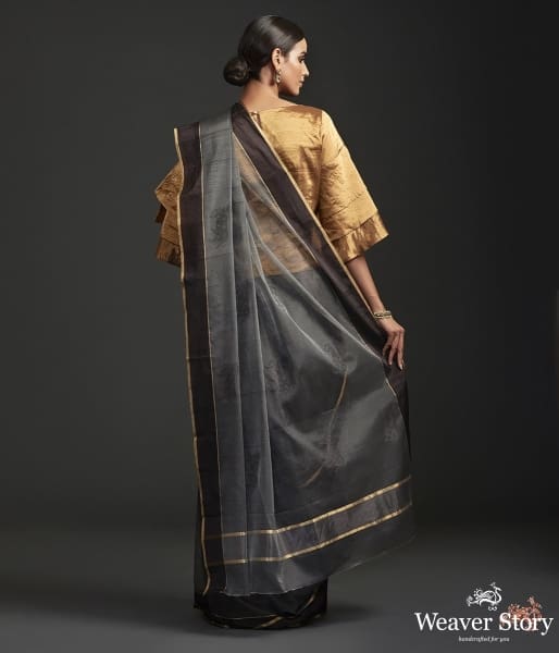 Handwoven_Grey_black_chanderi_cotton_silk_saree_with_nandi_motif_WeaverStory_03