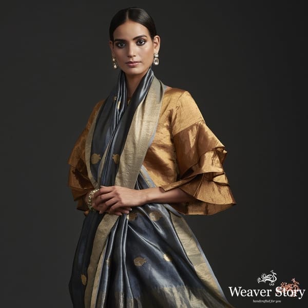 Handwoven_grey_Chanderi_silk_saree_with_meenakari_anaar_motif_WeaverStory_01