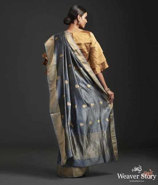 Handwoven_grey_Chanderi_silk_saree_with_meenakari_anaar_motif_WeaverStory_03