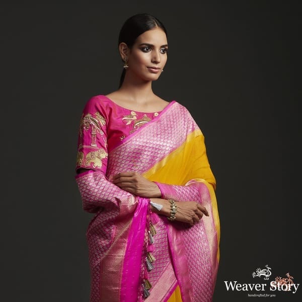 Handwoven_Banarasi_georgette_saree_with_a_kadhiyal_contrast_border_WeaverStory_01