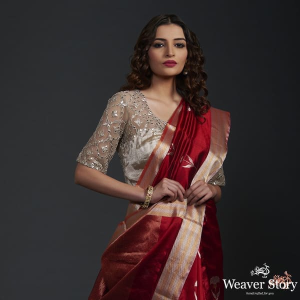 Red_chanderi_silk_saree_with_gold_silver_floral_motifs_WeaverStory_01