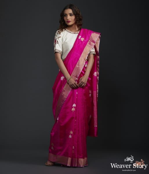 Hot_pink_silk_chanderi_saree_with_gold_silver_boota_WeaverStory_02