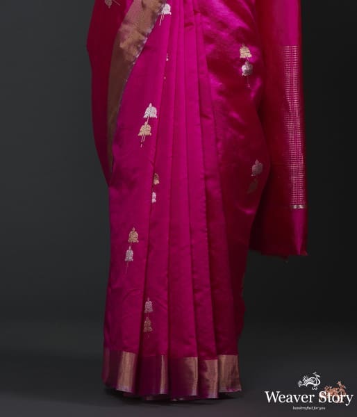 Hot_pink_silk_chanderi_saree_with_gold_silver_boota_WeaverStory_03