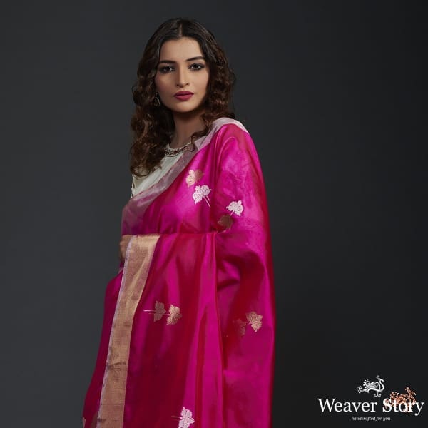 Hot_pink_silk_chanderi_saree_with_gold_silver_boota_WeaverStory_01