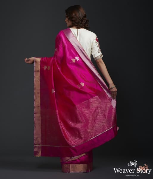 Hot_pink_silk_chanderi_saree_with_gold_silver_boota_WeaverStory_04