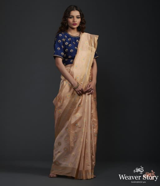 Peach_and_gold_tissue_chanderi_silk_saree_with_meenakari_floral_motifs_WeaverStory_02