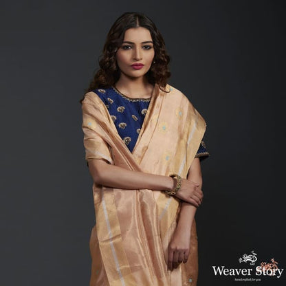 Peach_and_gold_tissue_chanderi_silk_saree_with_meenakari_floral_motifs_WeaverStory_01