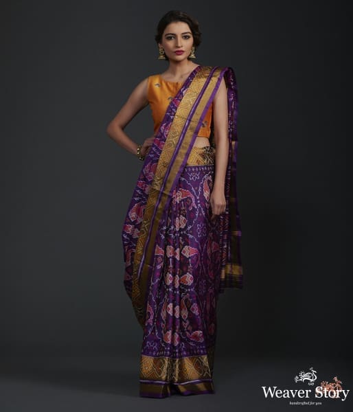 Purple_single_ikat_patola_saree_with_tissue_border_WeaverStory_02