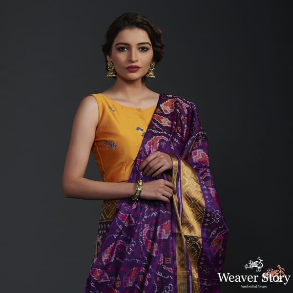 Purple_single_ikat_patola_saree_with_tissue_border_WeaverStory_01