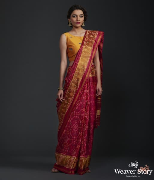 Red_and_pink_dual_tone_single_ikat_patola_saree_with_tissue_border_WeaverStory_02