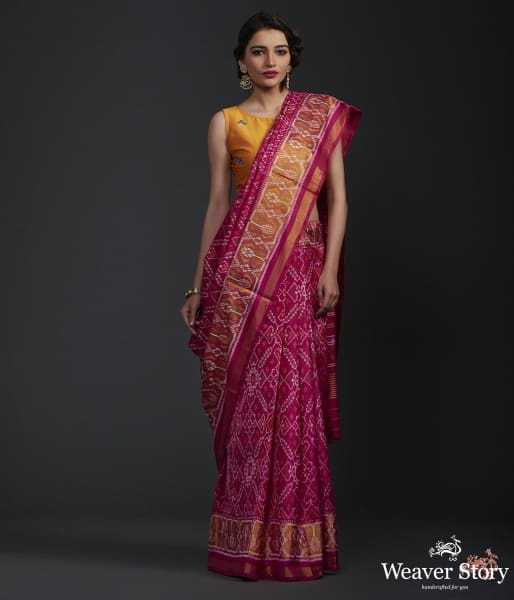 Pink_single_ikat_patola_saree_with_tissue_border_WeaverStory_02