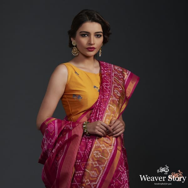 Pink_single_ikat_patola_saree_with_tissue_border_WeaverStory_01