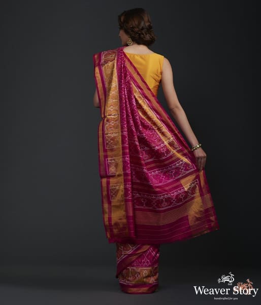 Pink_single_ikat_patola_saree_with_tissue_border_WeaverStory_03