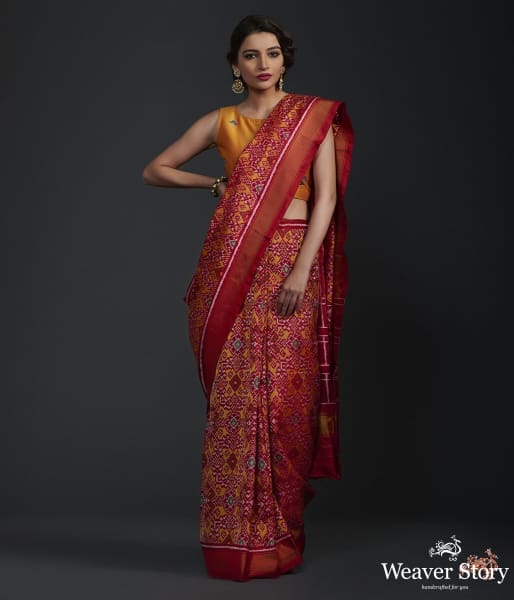 Pure_silk_Gujarat_Patola_saree_in_Mustard_and_red_combination_WeaverStory_02