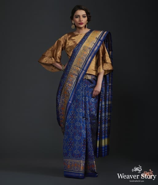 Royal_blue_single_ikat_patola_saree_with_tissue_border_WeaverStory_02