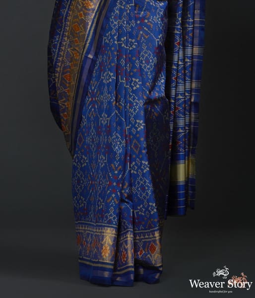 Royal_blue_single_ikat_patola_saree_with_tissue_border_WeaverStory_04