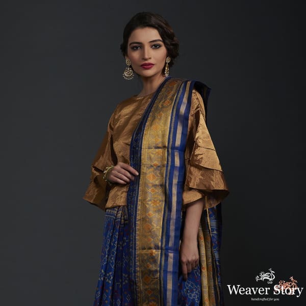 Royal_blue_single_ikat_patola_saree_with_tissue_border_WeaverStory_01