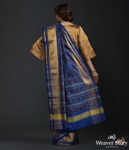 Royal_blue_single_ikat_patola_saree_with_tissue_border_WeaverStory_03