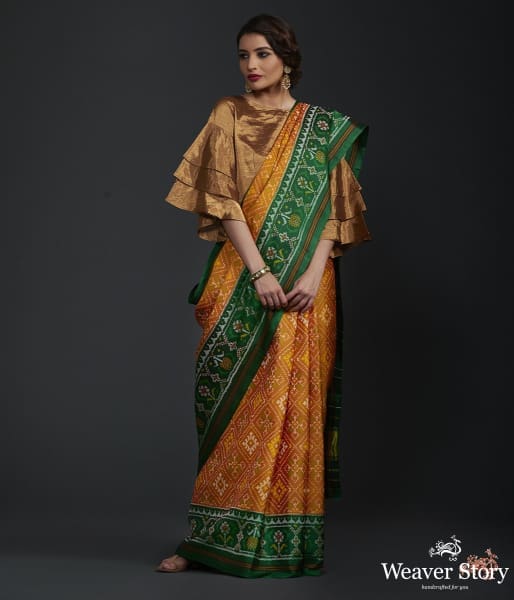 Pure_silk_Gujarat_Patola_saree_in_Yellow_and_green_WeaverStory_02