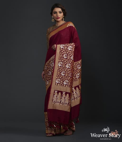 Deep_mahroon_banarasi_georgette_saree_with_sona_rupa_birds_WeaverStory_02