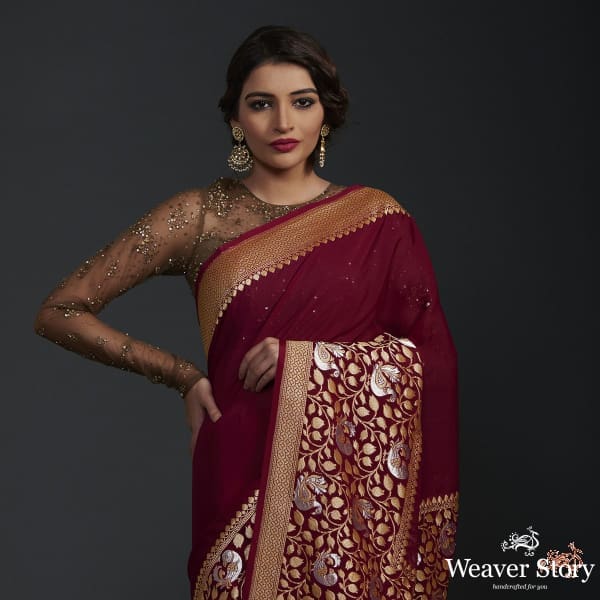 Deep_mahroon_banarasi_georgette_saree_with_sona_rupa_birds_WeaverStory_01