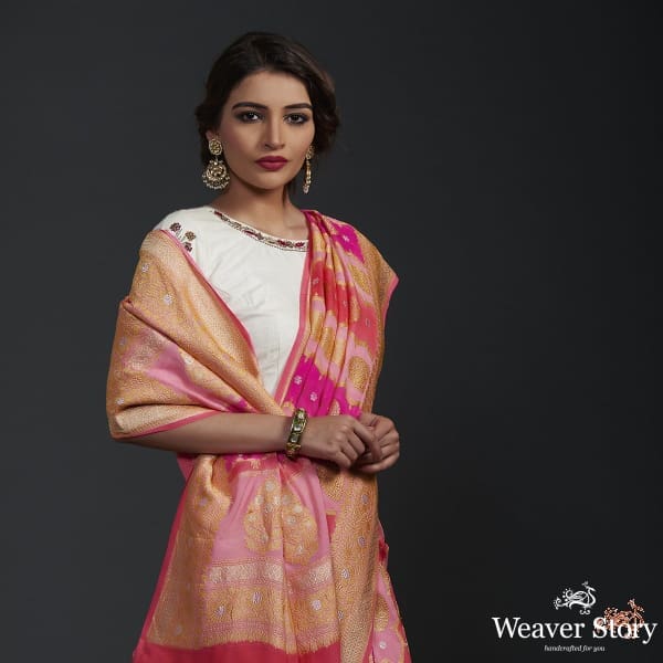 Peach_pink_and_majenta_banarasi_jangla_with_rangkat_dye_WeaverStory_01