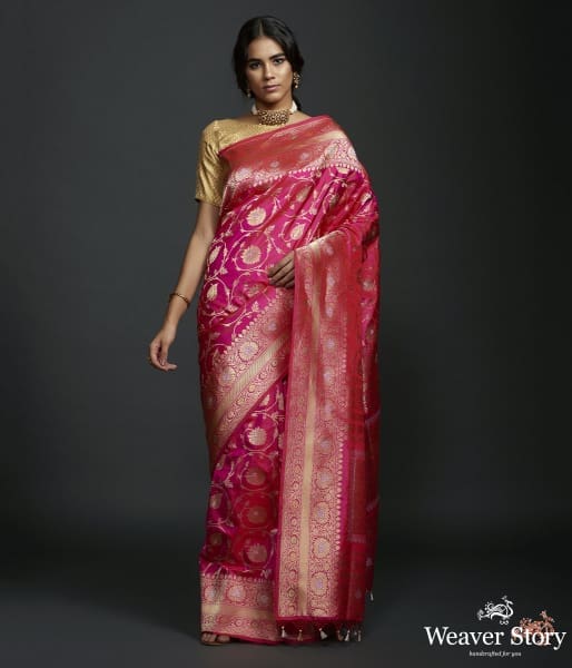 Hot_Pink_sona_rupa_kadhwa_jangla_with_floral_jaal_and_heavy_pallu_WeaverStory_02