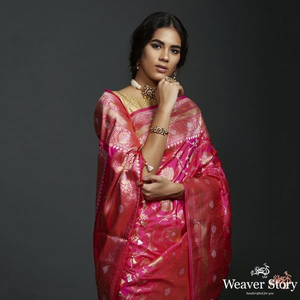 Hot_Pink_sona_rupa_kadhwa_jangla_with_floral_jaal_and_heavy_pallu_WeaverStory_01