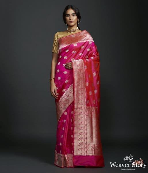 Rani_Pink_kadhwa_elephant_boota_saree_with_shikargah_border_WeaverStory_02